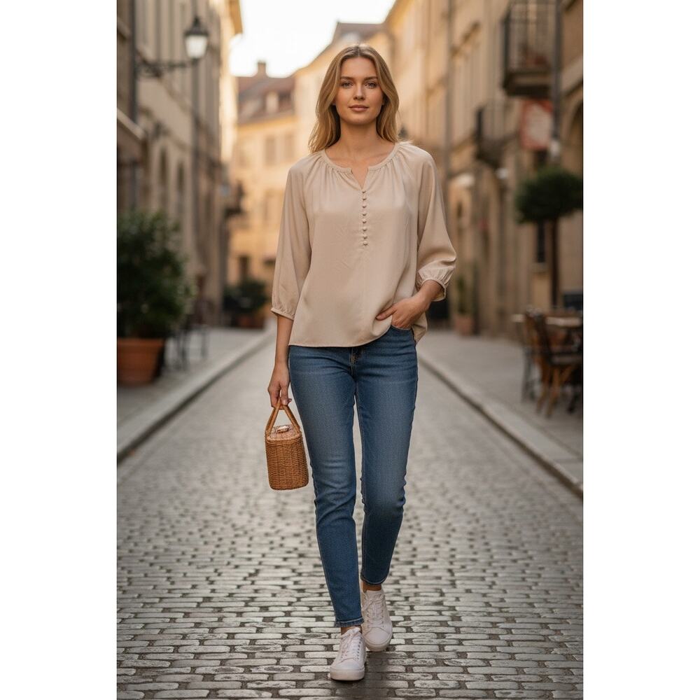 Triratna Beige Blouse w/ Button Detail – Size Large